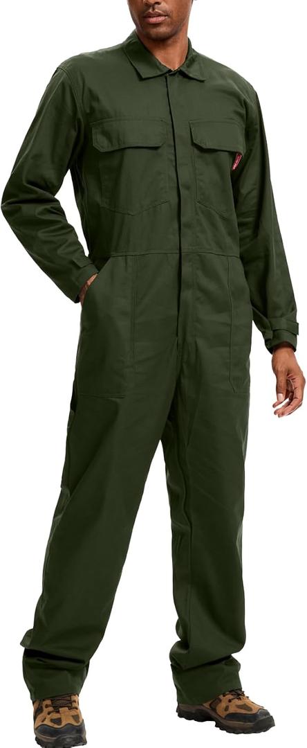 WORK IDEA Men's Coveralls Long Sleeve 100% Cotton Twill Workwear Jumpsuit Relaxed Fit, 5X-Large, Army Green