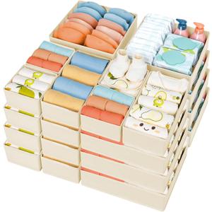 DIMJ Drawer Organizer Clothes, 24 Pack Dresser Organizer, Foldable Closet Organizers and Storage, Fabric Dresser Drawer Organizers, Drawer Dividers for Nursery, Baby Clothes, Underwears, Sock (Beige)