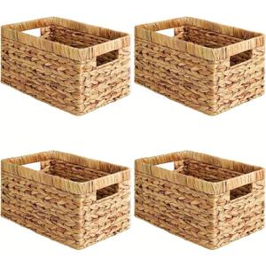 Water Hyacinth Woven Storage Baskets, Set of 4 Wicker Baskets for Organizing with Built-In Handles, Handwoven Rectangular Shelf Bins for Pantry, Bathroom, Kitchen, Closet (13 x 8.25 x 7 in)