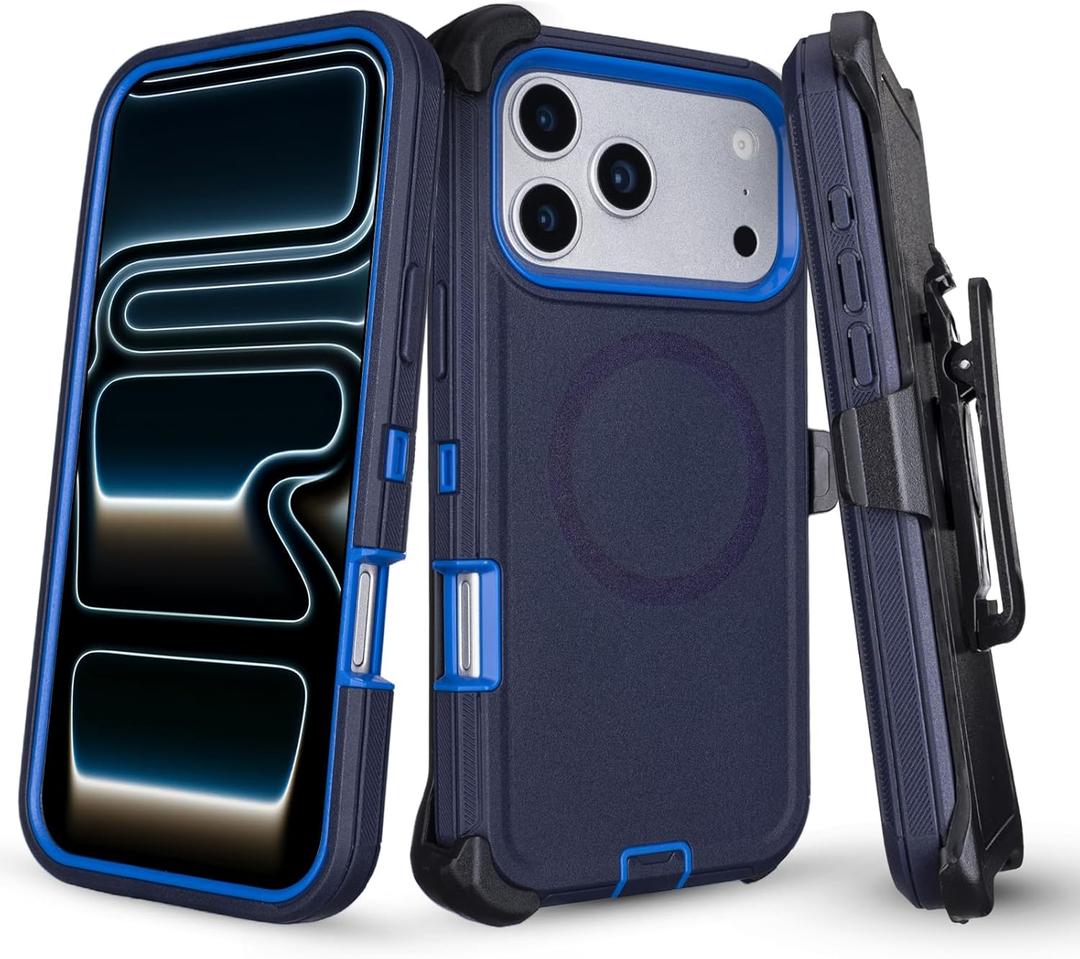 Magnetic for iPhone 17 Pro Case with Belt Clip Holster, 3-Layer Drop Proof Durable Protective Case, [Compatible with MagSafe] Heavy Duty Rugged Shockproof Cover for iPhone 17 Pro (Navy+Blue)