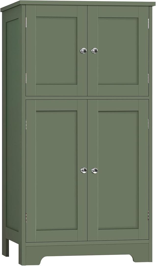 Iwell Bathroom Floor Storage Cabinet with 2 Adjustable Shelves & 4 Doors, Freestanding Bathroom Cabinet, Cupboard for Living Room, Entryway, Home Office, Green