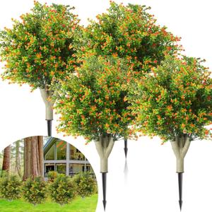 Giegxin 4 Pack 23.6'' Artificial Boxwood Topiary Ball Tree with Orange Fruit, Outdoor Faux Shrubs with Ground Spike No Maintenance Fake Bushes for Home Front Door Porch Fall Winter Garden Yard Decor