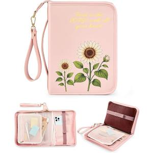 Bible Cover Case for Women, PU Leather Bible Case for Christian, Large Bible Bag with Multiple Pockets Handle & Zippered, Church Carrying Case, Gift for Lady Girl, Pink
