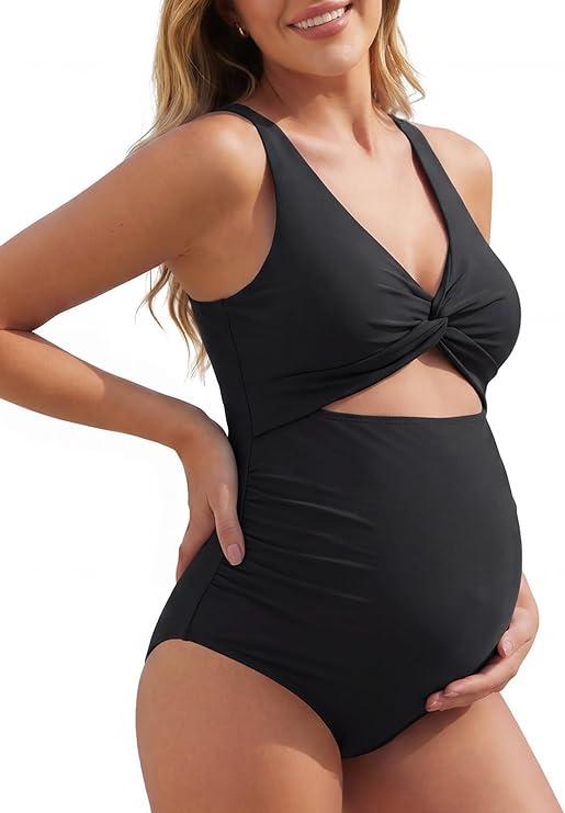 Summer Mae Maternity Cutout One Piece Swimsuit Twist Front Criss-Cross Bathing Suit High Waisted Pregnancy Swimwear, XL
