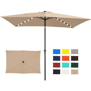 JEAREY 6.5x10 ft Rectangular LED Lighted Patio Umbrellas Outdoor Solar Table Market Umbrella w/Push Button Tilt/Crank, 6 Sturdy Ribs, UV Protection Waterproof Sunproof(Beige)