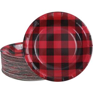 Aneco 60 Pieces Red and Black Plaid Paper Plates Disposable Plates Round Plates Party Supplies for Party, 7 Inches