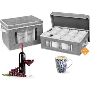 homyfort Mug and Wine Glass Storage Box with Dividers, Stemware Storage Cases and Coffee Cup Storage Organizer, China Crystal Storage Containers Hard Shell for Glassware Protection and Moving (Grey)