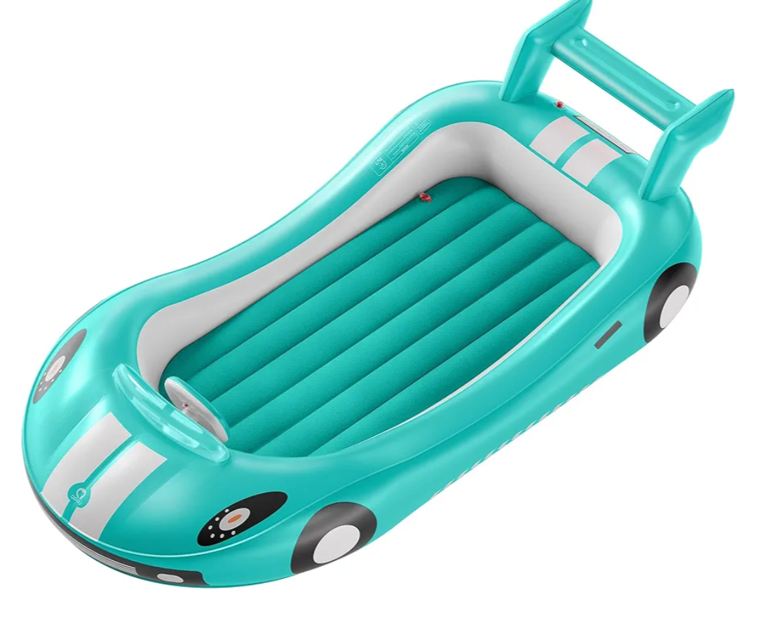 QPAU Blow up Inflatable Toddler Travel Bed with Sides, Toddler Air Mattress for Camping, Traveling, Hotel, or Home Use, Hand Pump Included (Cyan)