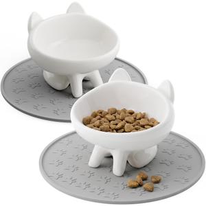 2 Pack Anti-Vomit Elevated Ceramic Cat Bowls with 2 Non-Slip Mats Ceramic Whisker-Friendly Tilted Orthopedic Feeding Set, Ideal for Senior Cats & Small Dogs