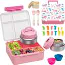 Bento Lunch Box with 9.5 oz Soup Thermo, Kids Leakproof 4 Compartments Bento Box with Silicone Cupcake,Fruit Fork,Spoon and Sauce Cup,Insulated Food Jar for School Travel-Rainbow Horse