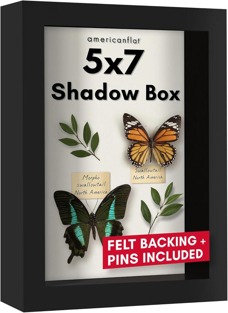 Americanflat 5x7 Shadow Box Frame with Shatter-Resistant Glass - Silhouette Collection - Small Shadow Box Display Case for Tabletop and Wall Display - Black with Soft Felt Back