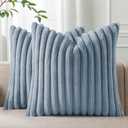 Pallene Faux Fur Plush Throw Pillow Covers 24x24 Set of 2, Luxury Soft Fluffy Striped Decorative Pillow Covers for Sofa, Couch, Living Room, Blue Grey