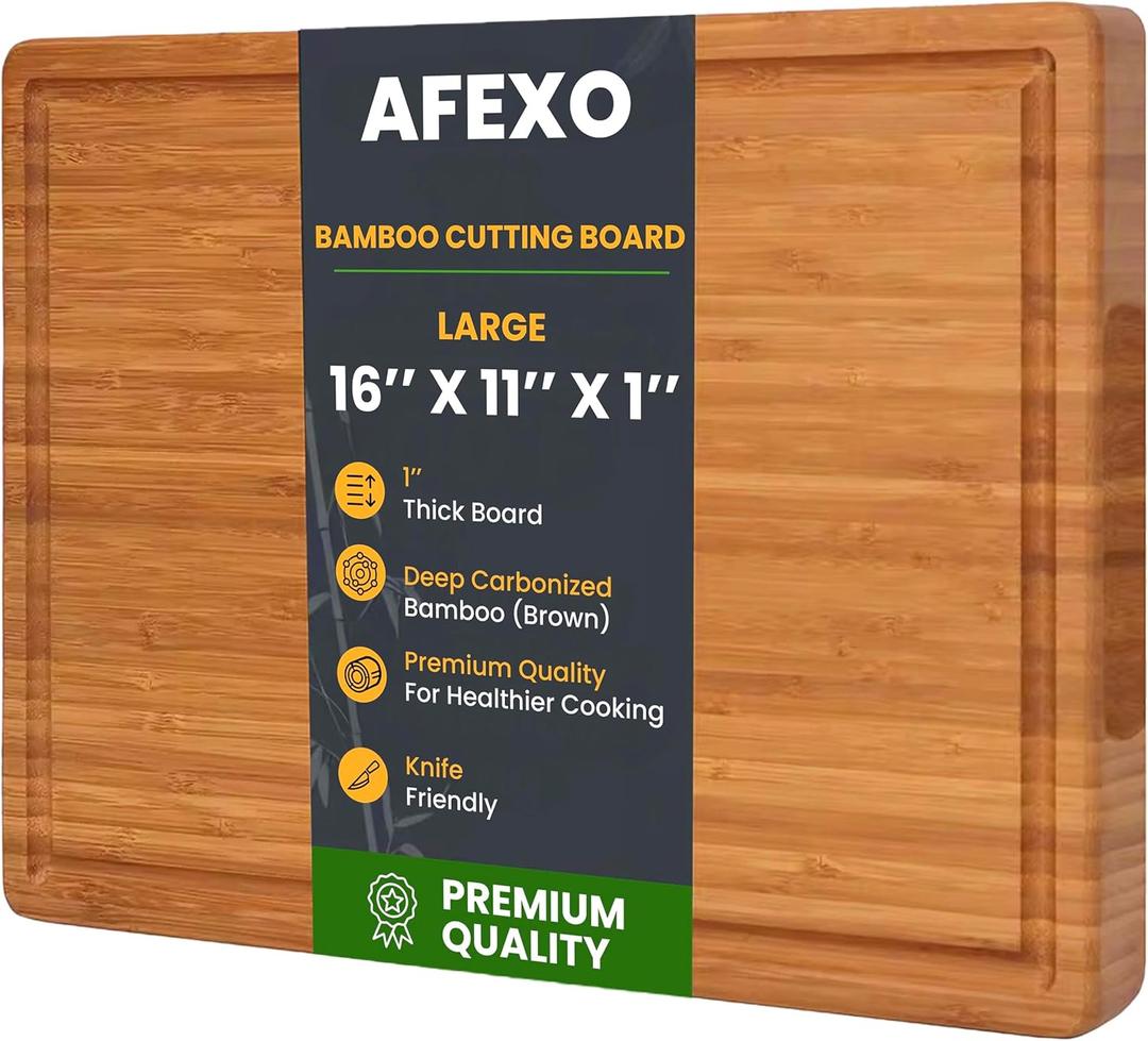 Bamboo Cutting Board for kitchen. 1'' Extra Thick Wood Chopping Board with deep Juice Groove and inner handle. Charcuterie & Butcher block- (16"x11"x1")