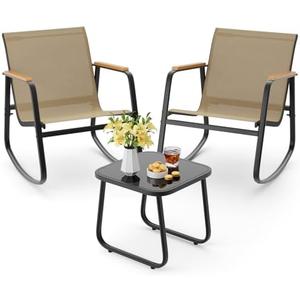 Aiho 3-Piece Patio Furniture Set, Textilene Bistro Sets for Garden, Brown | Outdoor Furniture with Textilene Fabric Rocker Chairs with Coffee Table for Garden, Balcony, Poolside