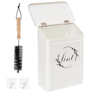 Magnetic Lint Bin for Laundry Room, Metal Lint Can with Lid for Dryer, Wall Mounted Lint Holder Box with Lint Brush, Modern Farmhouse Laundry Room Decor, Cream