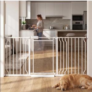 Triple-Lock Acrylic Extra Wide Baby Gate 57.5"-65.74", Crystal Clear Transparent Pet Gate for Dogs, Heavy Duty Metal Gate for Doorways, Pressure Mount Child Safety Barrier, Auto Close, White