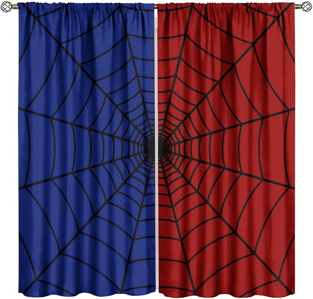 Super Hero Spider Web Window Curtains for Kids, Black Spiderweb Window Treatments Kids Red Blue Curtain Drapes for Boys Girls Baby Toddler Children Bedroom Playroom W42xL54in (Decor)
