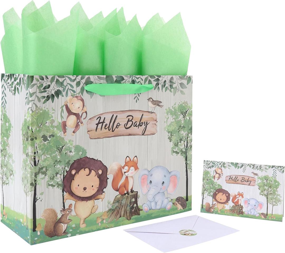 13'' Large Baby Boy Girl Gift Bag Set with Handles, Greeting Card, Green Tissue Papers and Stickers for Birthday, Baby Shower, Newborn, New Moms, Woodland Animals Design, 1 Pc