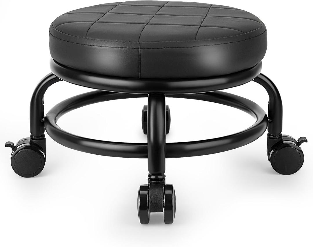Low Roller Stool Low Height Rolling Stool Seat PU Leather Small Chair Foot Stool Round Rolling Stools for Home Office Garage Shop (Black)