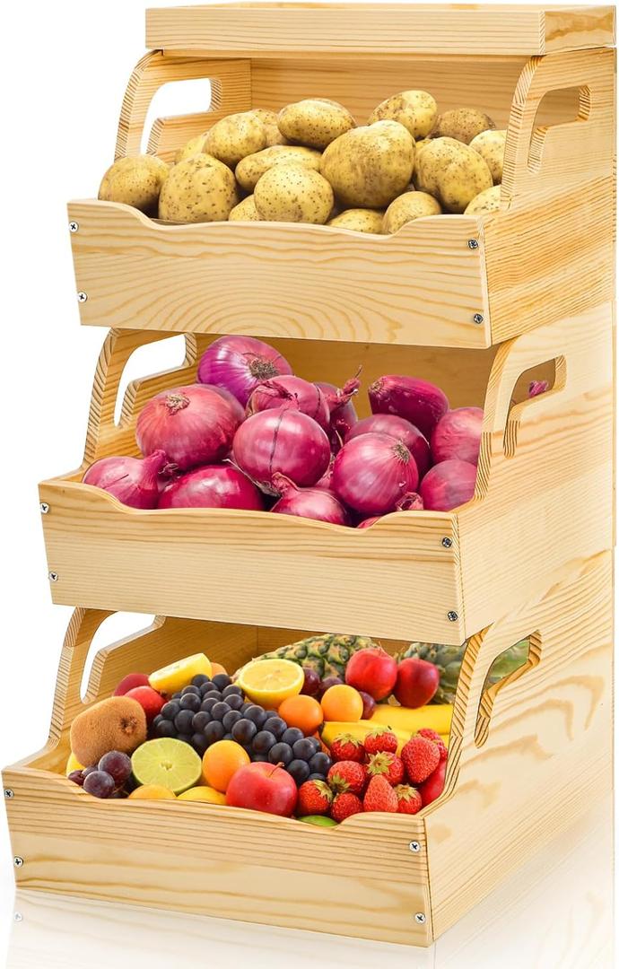 Wood Potato Onion Storage Bin, Stackable Pantry Organizer, Open Front Kitchen Produce Storage with Anti-slip Mat, 3 Tier Countertop Snack Food Container for Fruit Vegetable Bread, Set of 3