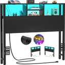 Aheaplus Headboard for Twin Size Bed with Storage, Headboards with Outlets, USB Ports and LED Light, Twin Size Head Board Only, Height Adjustable, Reversible, Sturdy and Stable Headboard, Black