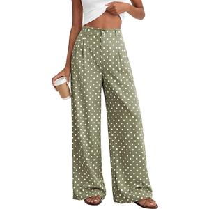 KIRUNDO Wide Leg Pants for Women 2026 Lightweight Flowy Polka Dot TrousersSoft Business Casual Palazzo Work Pant, Elastic High Waisted Pleated Slacks With Pockets, Daily Travel Vacation Fall Outfits, Size M