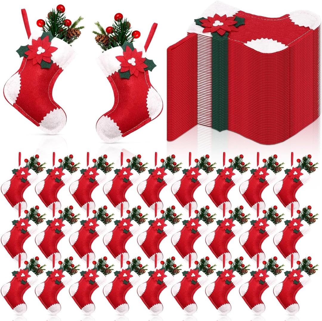 Geyoga 48 Pcs Red and White Mini Christmas Stockings Bulk 5 Inches Poinsettia Mini Gift Stockings Fireplace Hanging Stocks Small Felt Elf Christmas Stocks Ornaments Decor for Xmas Tree Fireplace