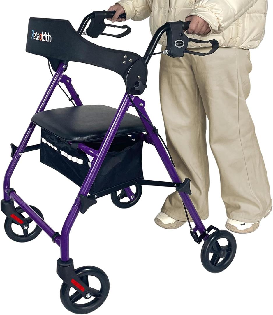 Retaoldth Rollator Walkers for Seniors with Seat, Foldable & One-Hand Carry, Upgraded Rolling Walker with Seat for Seniors, Handle Height Adjustable Walker for Seniors, Walking & Seated, Purple