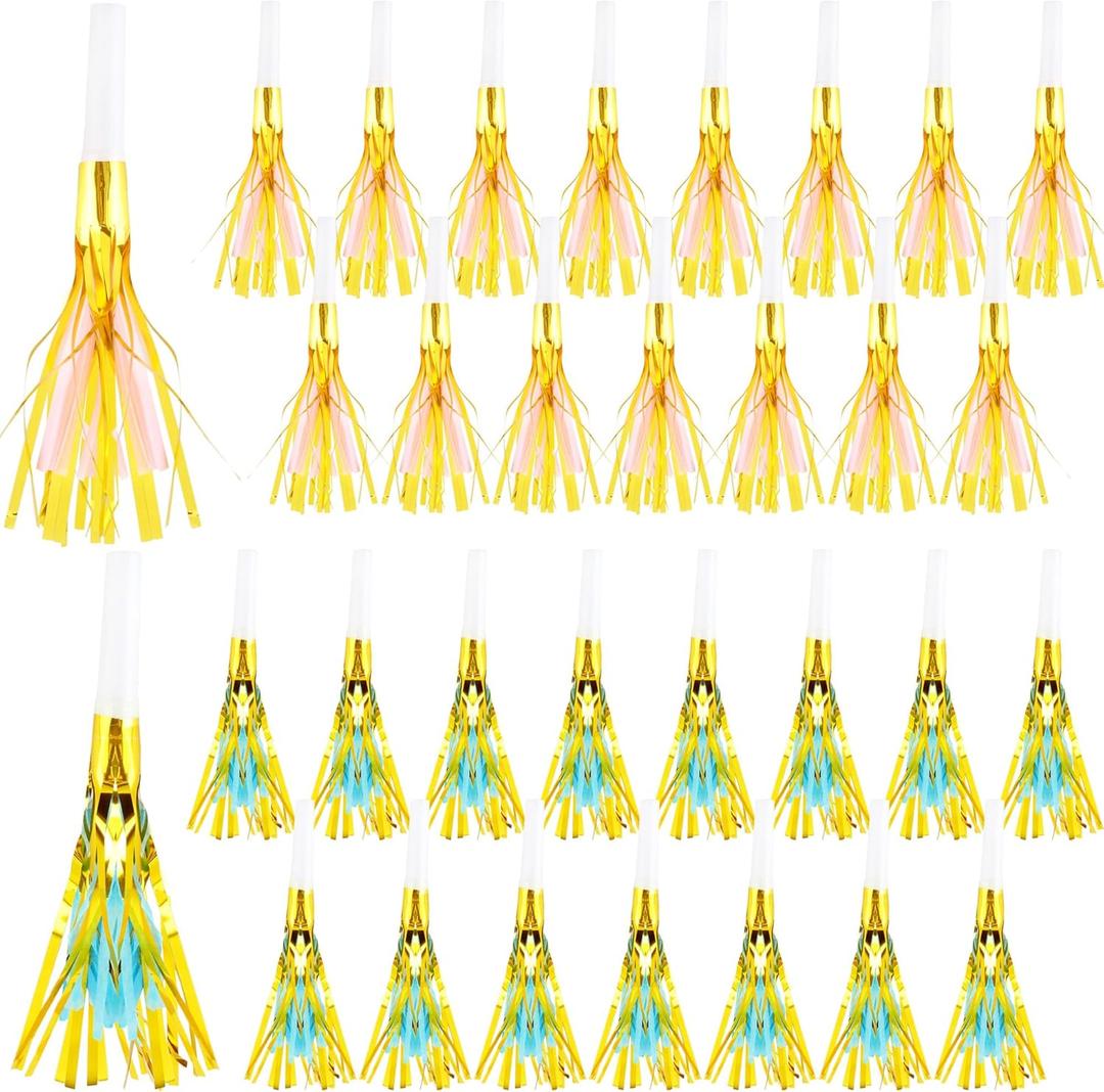 3 x 36 Pieces Glitter Metallic Fringed Noisemakers Musical Party Blowers Blowouts Whistle Party Blow Horns for New Years Birthday Party Supplies Sporting Event Celebrations (Pink, Blue)