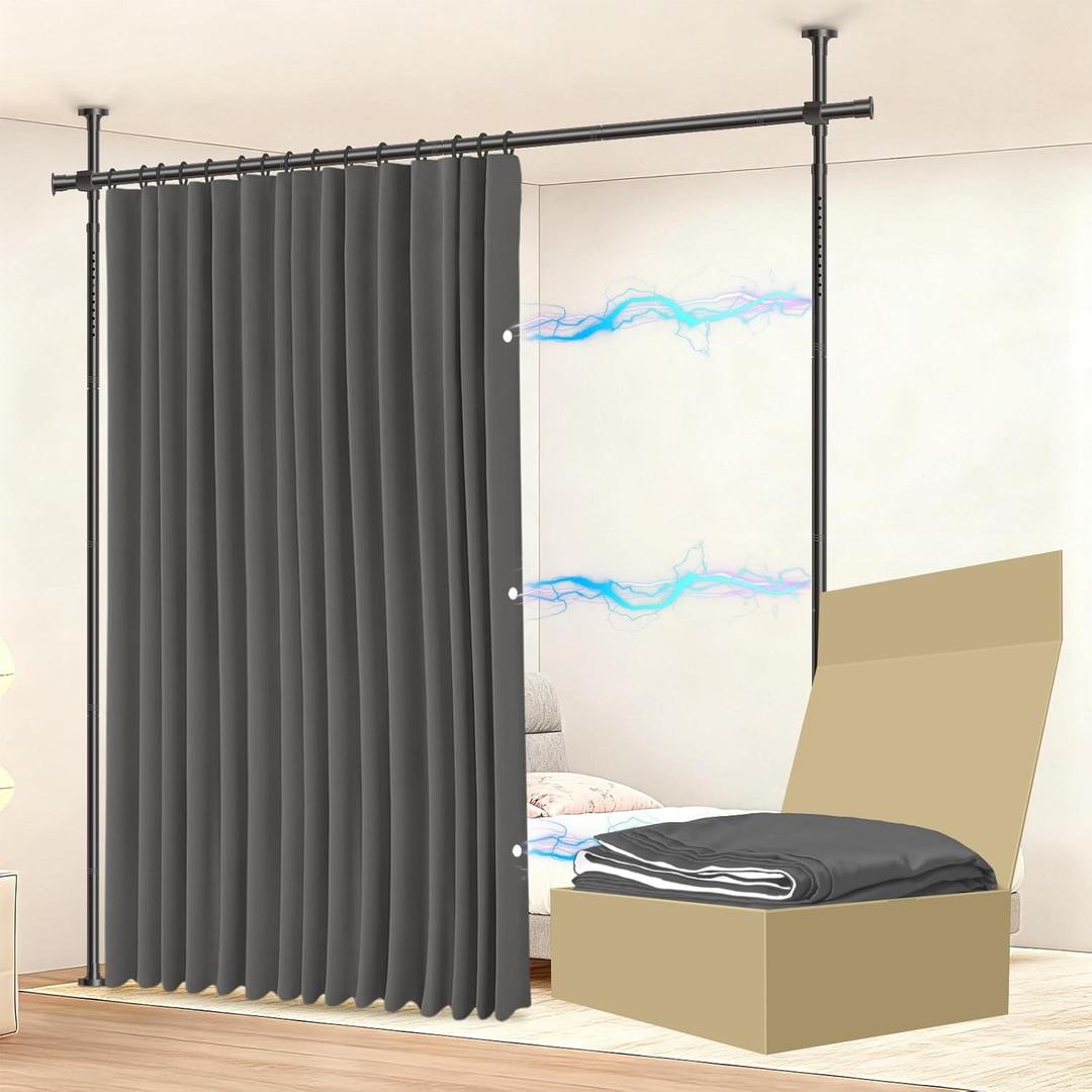 Jilron No-Drill Room Separator Set: Includes 106" W x 84" L Grey Curtain & Adjustable Pole Brackets (35-100" W x 43-120" H Adjustable Range)
