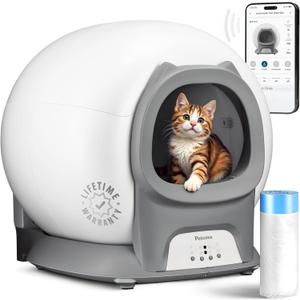 Self Cleaning Litter Box with Auto Safety Sensors for Multiple Cats - Automatic Cat Litter Box Self-Cleaning - Covered Odor Removal with APP Control - Compatible On All WiFi - Electric Robot (Light Grey)