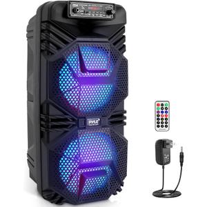 Pyle Bluetooth PA Speaker System - 600W Rechargeable Outdoor Bluetooth Speaker Portable PA System w/ Dual 8 Subwoofer 1 Tweeter, Microphone In, Party Lights, USB, Radio, Remote - Pyle PPHP2836B