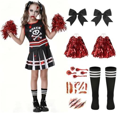 CIRCKOPS Halloween Cheerleader Costume for Girls, Zombie Cheer Uniform Outfit, Scary Cheerleading Costume for Party Dress Up (9-10Y Black)