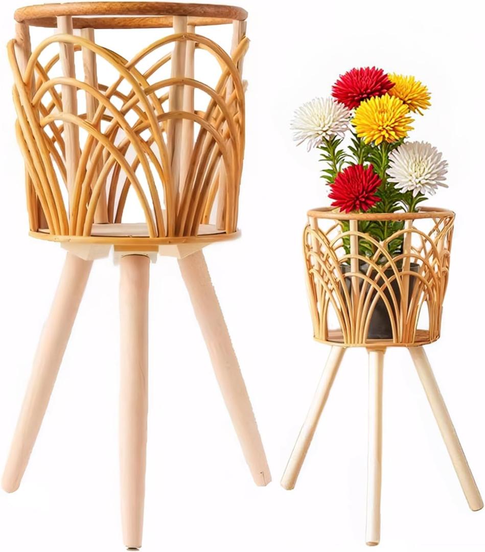"Boho Rattan Plant Stand Indoor Outdoor - 2 Rattan Wicker Planter Shelf for Multiple Plants, Mid Century Modern Wooden Flower Pot Holder with Stand, Farmhouse Home Decor for Living Room (B-Style (S+M))