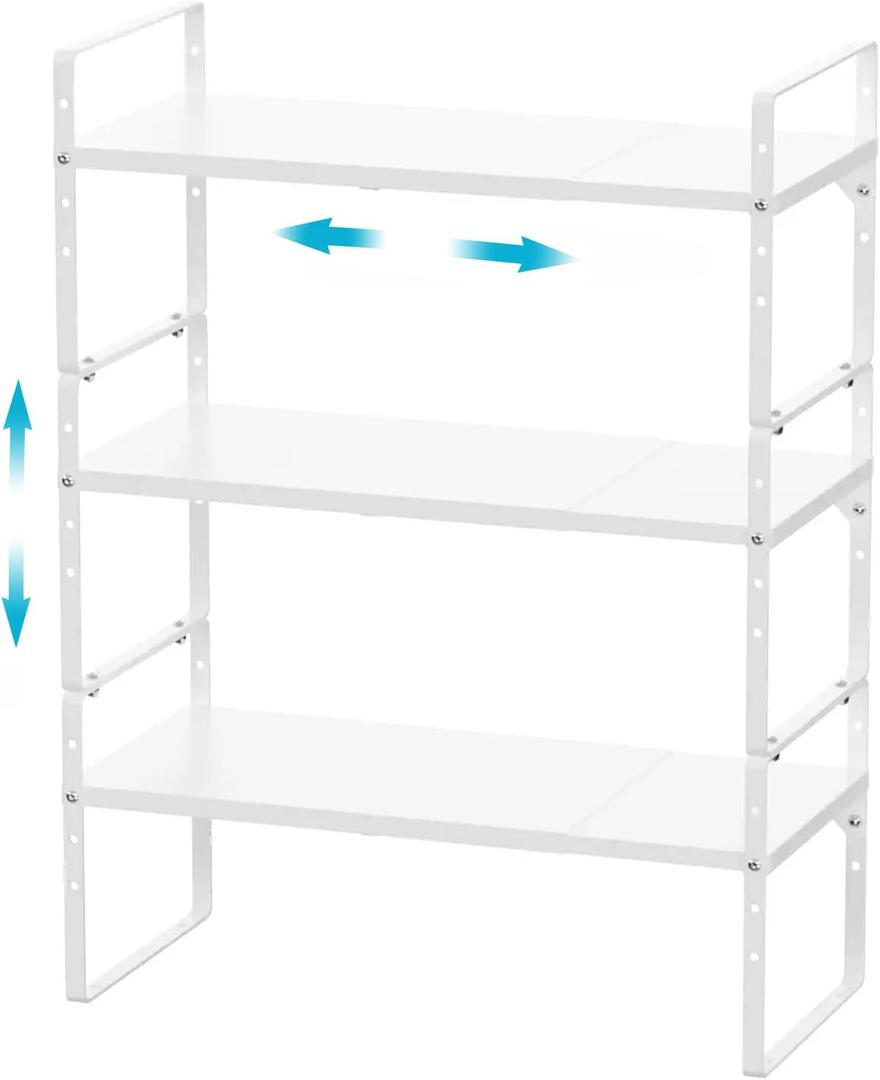 iPEGTOP Expandable Cabinet Storage Shelf Organizer Rack, Heavy Duty Cupboard Stand Spice Rack Adjustable Height Garage Pantry Shelf Space Riser for Counter Kitchen Organization, White, 3 Pack (10.2" Width - 3 Pack)