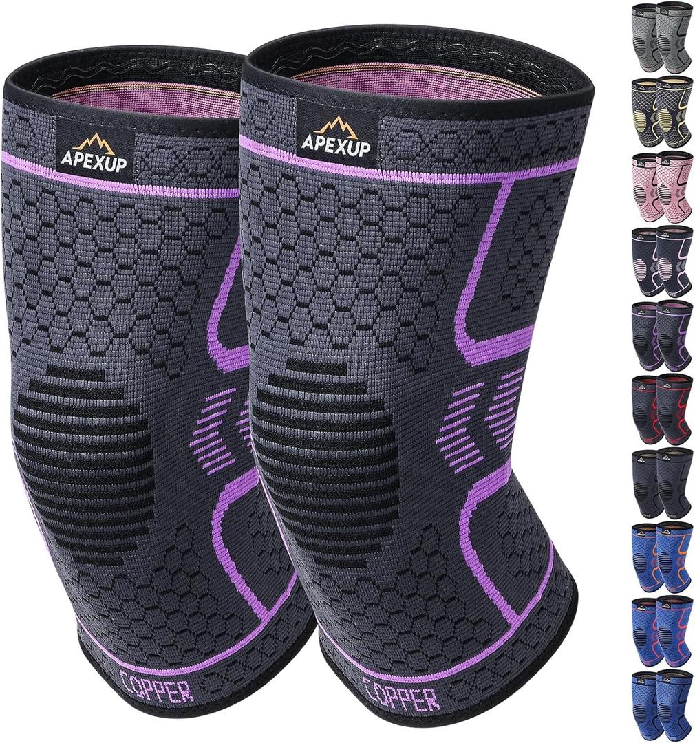 APEXUP Compression Knee Brace for Women, Copper Compression Sleeve for Knee Support, Arthritis Pain Relief, Meniscus Tear, ACL, Running (Medium, Dark Grey+Purple)