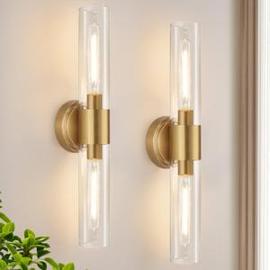 Wall Sconces Set of Two, Brushed Gold Bathroom Sconces Wall Lighting with Clear Glass, Hardwired Modern Sconces Wall Decor Set of 2 for Bathroom Mirror Bedroom Living Room Hallway