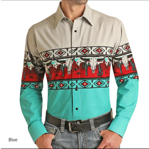 Men's Tribal Graphic Prints Vintage Shirt Western Shirt Cowboy Shirt Long Sleeve Fashion Streetwear Designer Outdoor Daily Fall & Winter Turndown Print Button-Down Blue Size 2XL