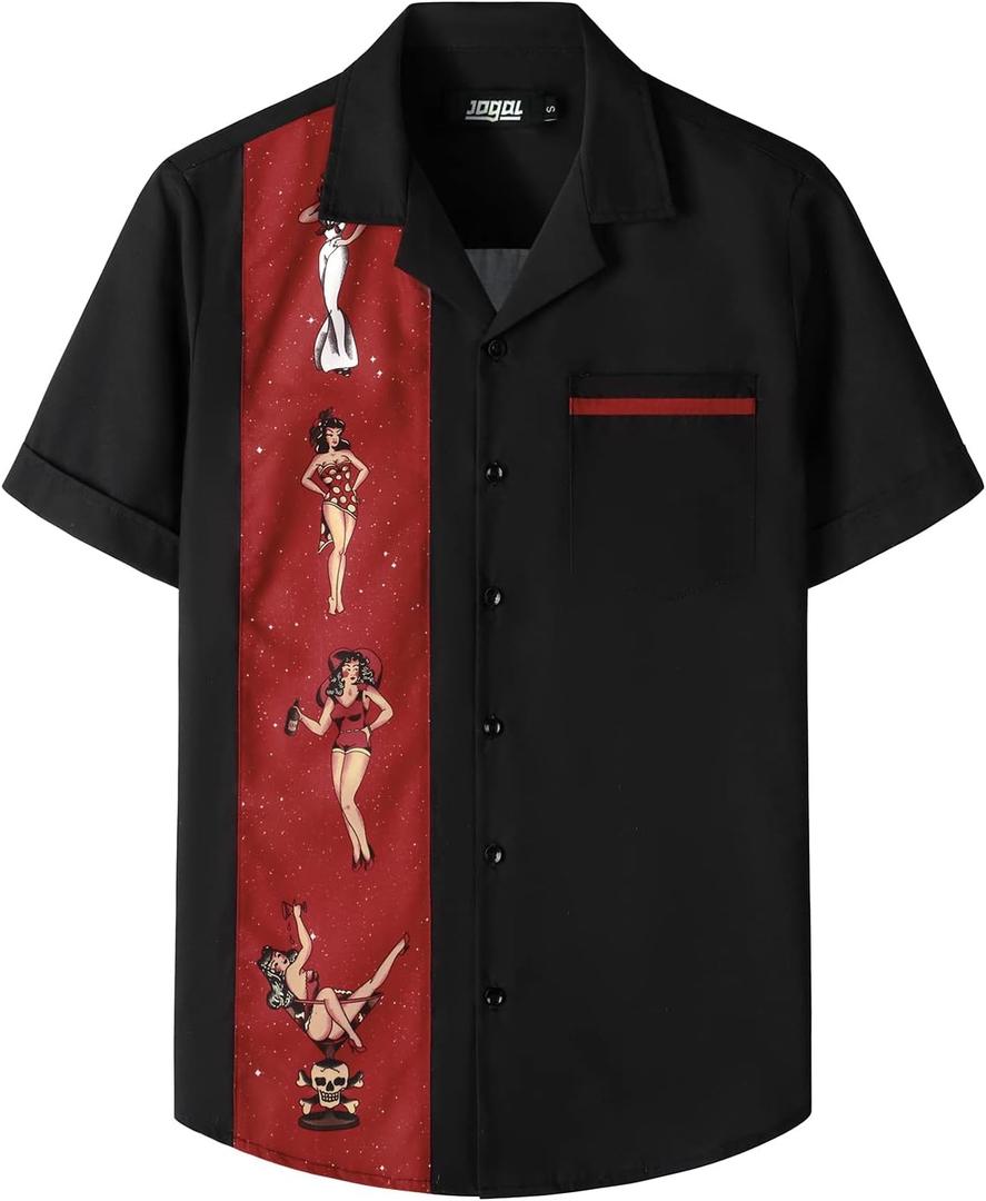 JOGAL Men's Bowling Shirts 50s Rockabilly Short Sleeve Button Down Shirt Beach Aloha Style Hawaiian Shirts (Black, XXL)