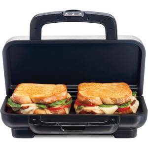 Proctor Silex Deluxe Hot Sandwich Maker With Easy-Clean Durable PFAS-Free Nonstick Ceramic Plates, Fits up to 2 Grilled Cheese, Ruebens, Tortas or Subs, Stainless Steel (25415MN)