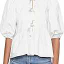 Tankaneo Womens Tie Front Tops Summer Peplum Babydoll Puff Short Sleeve Blouse Cute Cotton Shirts (White, XXL)