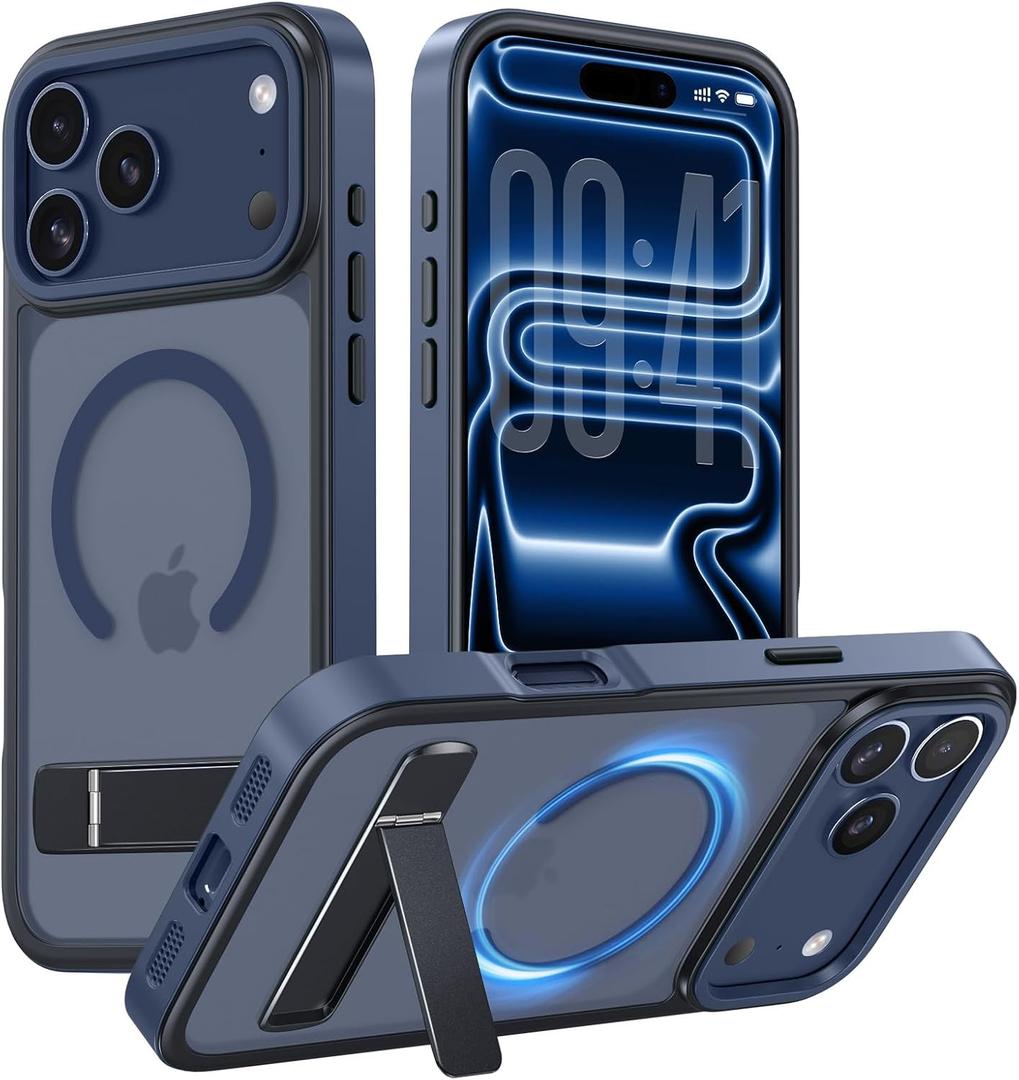 GUAGUA Magnetic for iPhone 17 Pro Max Case, [Built-in Invisible Kickstand][Compatible with MagSafe][Military Grade Shockproof] Slim Translucent Matte Phone Case for iPhone 17 Pro Max 6.9 inch, Blue