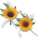 Artificial Sunflower Boutonniere,Bride Groom Bridesmaid Wedding Flower Corsage Set,Formal Party and Vintage Wedding.(1 Sunflower Boutonniere & 1 Sunflower Wrist Corsage)