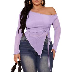 RoseSeek Women's Plus Size Sheer Mesh Off Shoulder Tops Long Sleeve Drawstring Asymmetrical Hem Ruched T Shirt Mauve Purple X-Large Plus