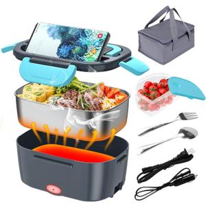 Electric Lunch Box, Food Warmer Heater 12V 24V 110V, 80W Faster Heated Lunch Box for Car/Truck/Home Portable Heating Boxes with 1.5L 304 SS Container Fork & Spoon (Dark gray+Blue)