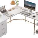 Techni Mobili L Shaped Desk - Two-Toned Computer Desk with Drawers & Storage Shelves - Simple Modern Furniture & Home Office Space Corner Table for Work & Writing