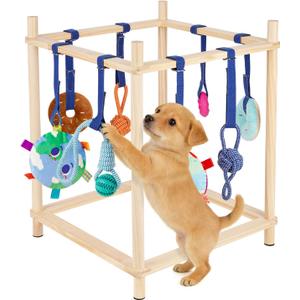 Wooden Puppy Play Gym for Small Dogs, Puppy Jungle Gym with 8 Hanging Toys, Wood Frame Indoor Puppy Gym with Dog Enrichment Toys for Puppies and Small Pets