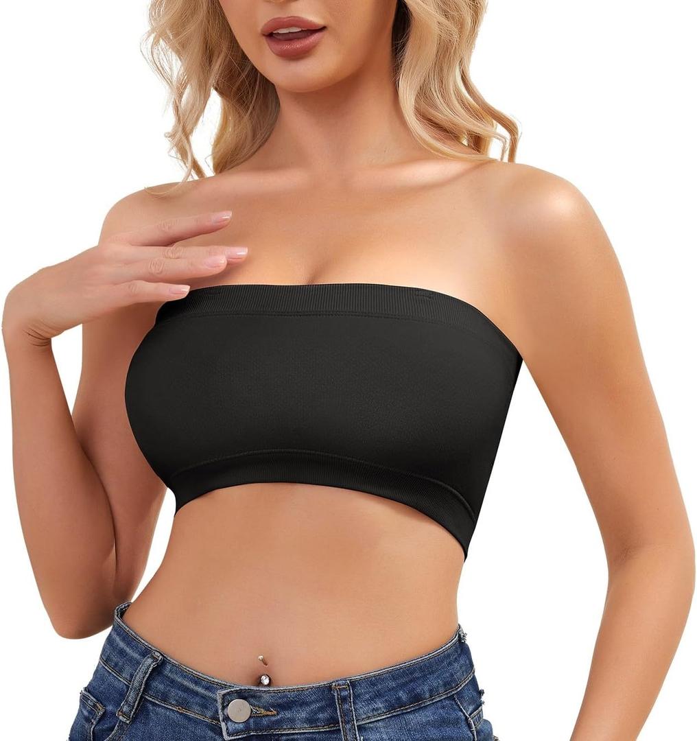 QWD Strapless Bras for Women Bandeau Bra Push UP Women's Tube Top Bralette Seamless Non-Padded (Medium, Black)
