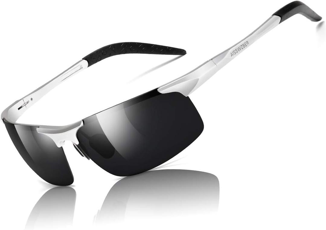 Mens Sports Polarized Sunglasses Driving Metal Frame UV Protection Sunglasses For Men 8177 (Silver&black)