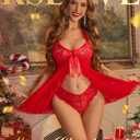 RSLOVE Lingerie for Women Lace Babydoll - Sexy Lingerie Open Front Sleepwear Halter Nightwear Ruffle Trim Chemise (Red, S)